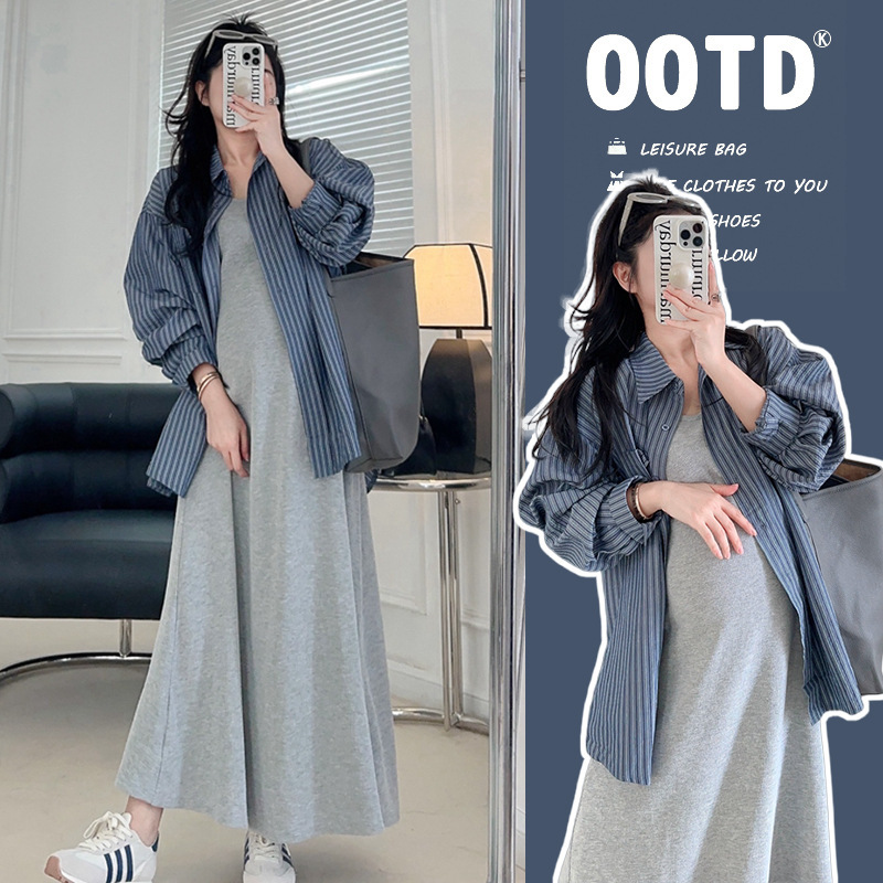 Maternity Dress Casual Autum New Korean Style Fashionable Lazy Elegant Slim Vest Dress Loose Stripesd Shirt