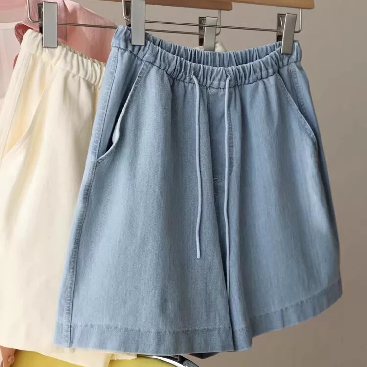 High-Weight Twill Cotton Casual Versatile Faux Denim Loose A-Line High-Waisted Wide-Leg Shorts for Women, Summer Slimming Style