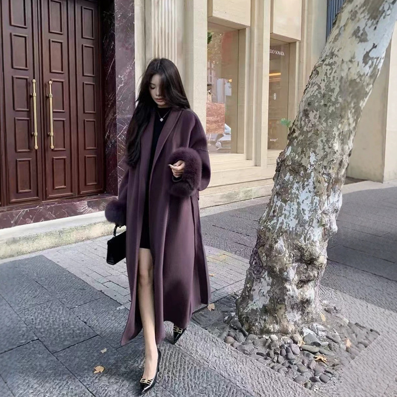 Purple double-faced wool coat, 2026 autumn/winter new collection, high-end genuine fox fur, Hepburn-style, sophisticated outerwear for women