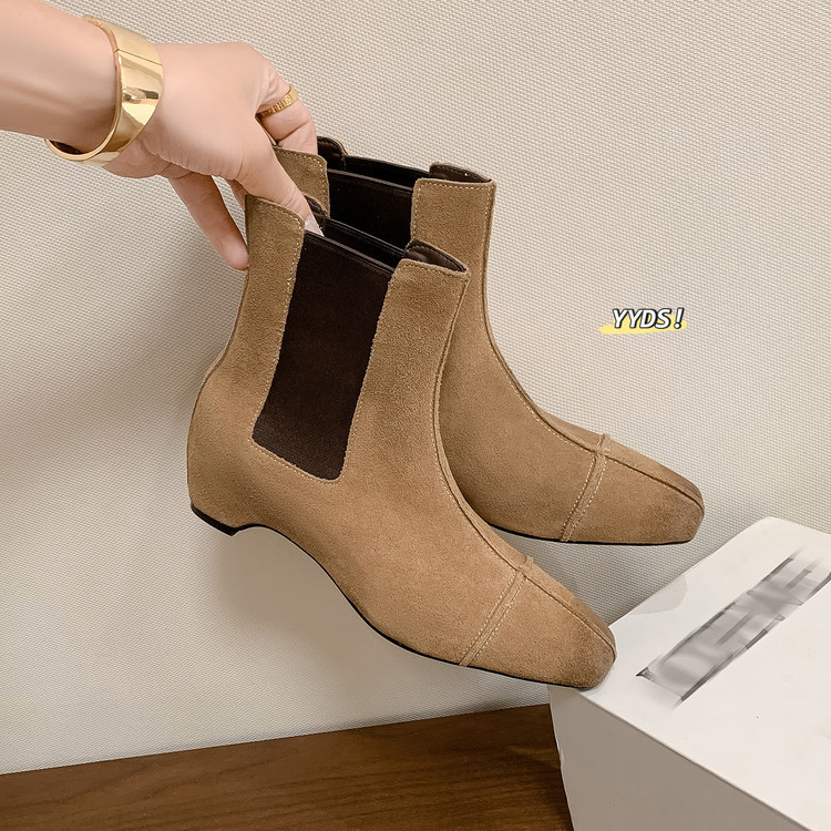 Korean Style Color-Washed Elastic Short Boots for Women, Retro Leather Boots, Fashionable and Versatile Square-Toe Boots, Inner Heightening Boots, Chelsea Boots