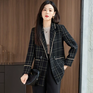黑色格纹西装外套女长袖2026春秋款韩版宽松工作服通勤小西服上衣