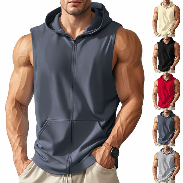 2026 Cross-Border Summer American-Style Men's Sports Fitness Training Zip-Up Sleeveless Loose Breathable Pocket Vest