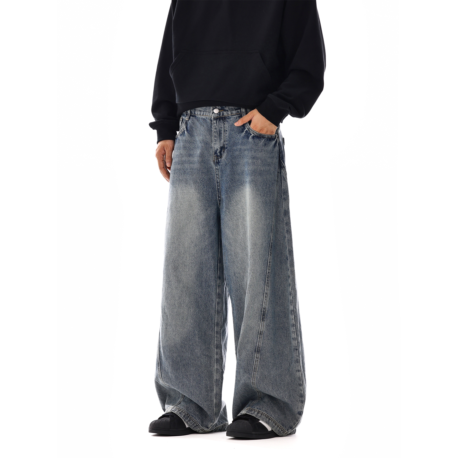 Machete Jeans 남성 봄과 여름 새로운 미국 스타일 복고풍 느슨한 직선 다리 바지 남성 유행 브랜드 클렌핏 넓은 다리 바지