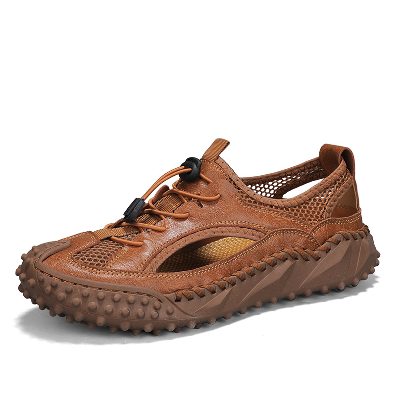 Baotou Men's Sandals Genuine Leather Men's Shoes Summer Large Size Hollow Soft Sole Hand-Stitched Trendy Beach Shoes_vogvips.com