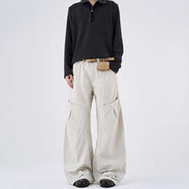 设计感解构设计工装弯刀秋冬季牛仔裤男女潮牌复古宽松直筒休闲裤