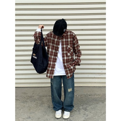 American-style trendy checkered shirt for men and women, spring and summer casual high-end versatile loose couple long-sleeved shirt jacket