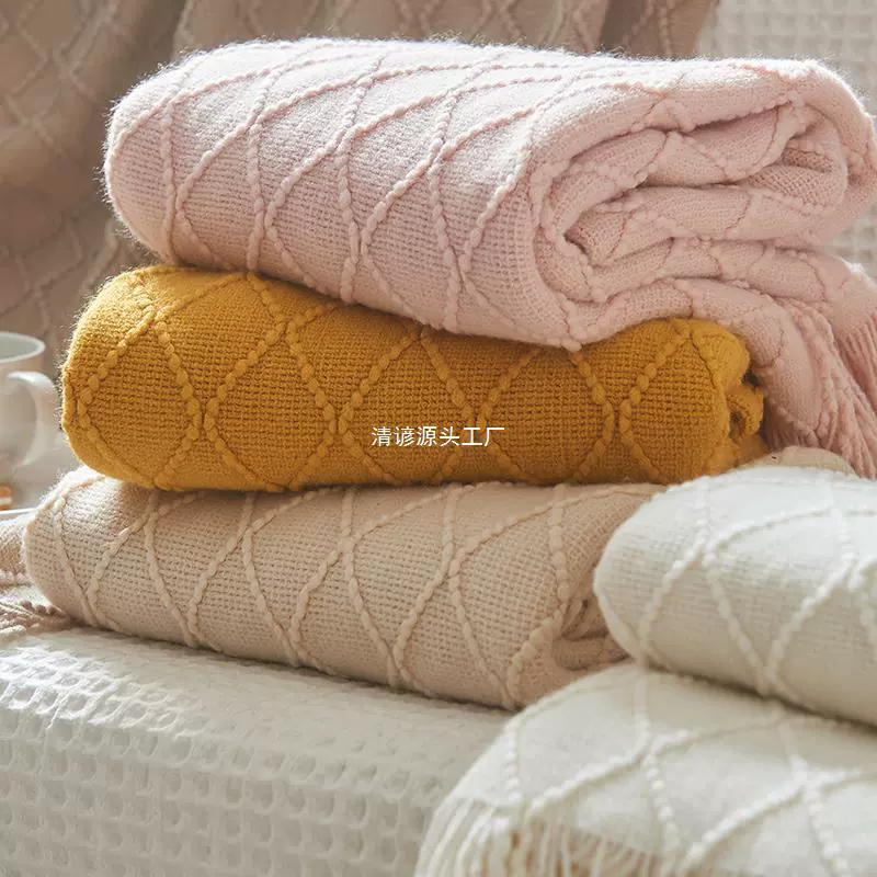 Скандинавское ретро одеяло с ромбами, однотонное вязаное шерстяное покрывало, плед для кровати и дивана