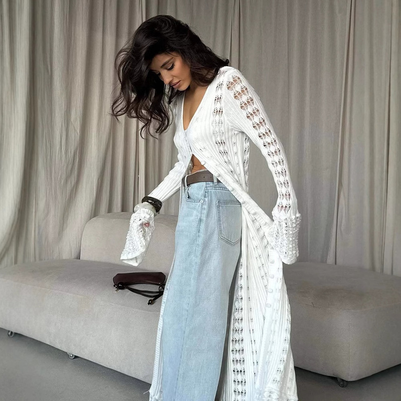European and American 2025 New Spice Girl Hollow Knitted Cardigan Stacked Solid Color Long Sleeve V-Neck Solid Color Long Knitted Top European and American 2025 New Spice Girl Hollow Knitted Cardigan Stacked Solid Color Long Sleeve V-Neck Solid Color Long Knitted Top