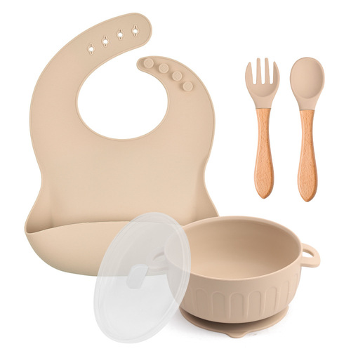 Set of 5 Children's Silicone Tableware: Bib, Suction Bowl, Wooden-handled Spoons and Forks - Baby Eating Silicone Bowl, Spoons and Forks