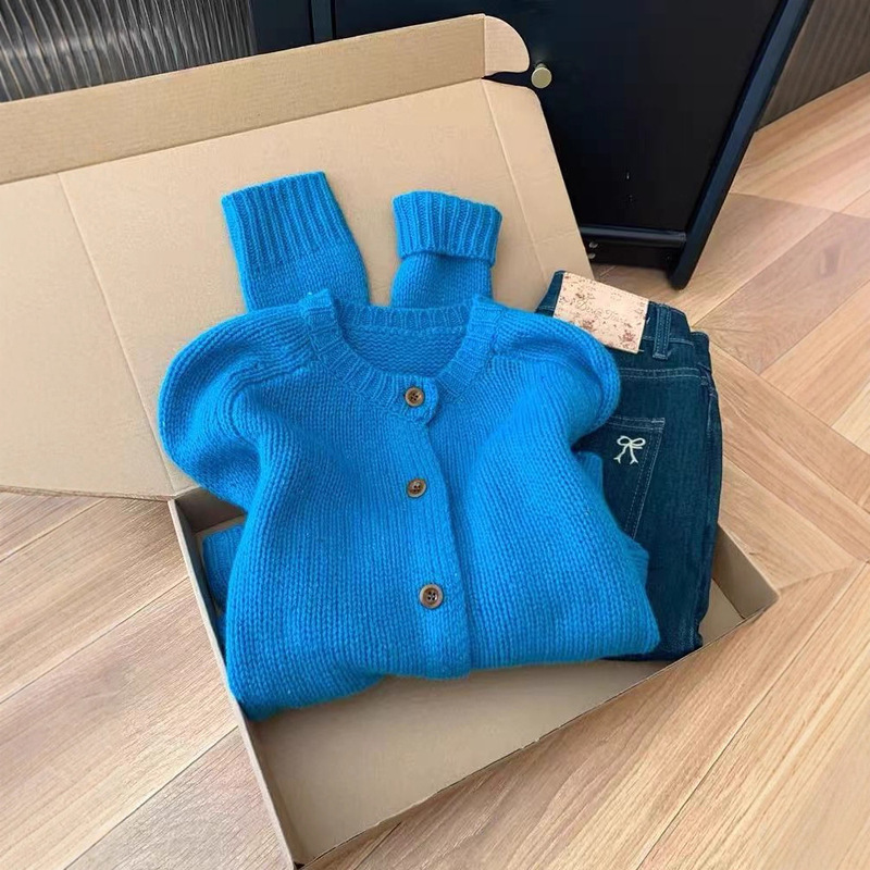 Sheep Wool Klein Blue Thickeneded Knitted Cardigan Sweater Jacket Women's Short 2025 New Top Chic