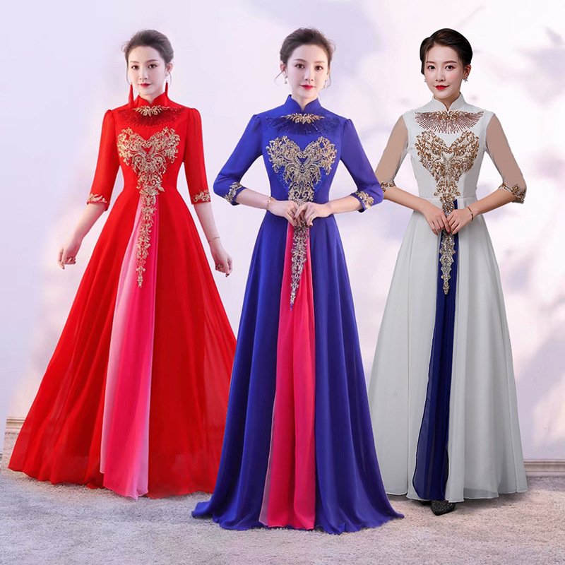 中国风大合唱团长款2021新款夏季合唱团礼服女舞台演出服表演服装