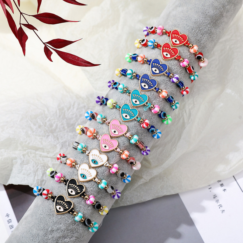 Cross-border New Alloy Dripping Oil Heart Devil's Eye Braided Bracelet Set Lucky Friendship Hand Rope Evil Eye Bracelet
