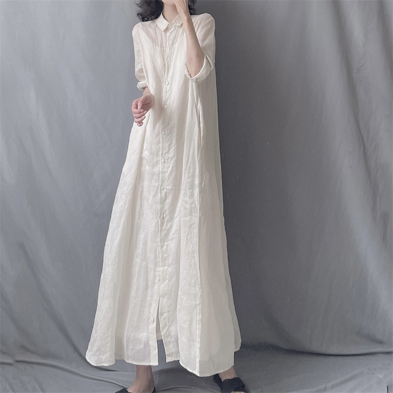 Plus size women's summer new artistic loose Ramie long shirt dress lapel loose elegant transparent dress Plus size women's summer new artistic loose Ramie long shirt dress lapel loose elegant transparent dress