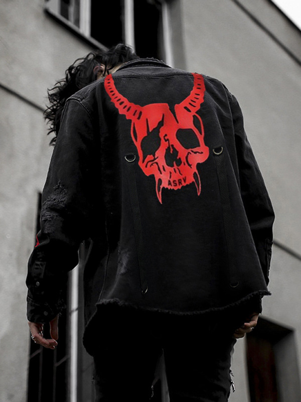 Chaquetas de primavera y otoño para hombre para comercio exterior, chaquetas de talla grande estilo coreano, chaquetas vaqueras lavadas con diseño de calavera para hombre, duraderas y resistentes al desgaste.