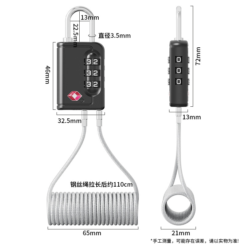 New style TSA customs lock with telescopic wire 3-digit password zinc alloy password lock luggage anti-theft TSA lock padlock 3