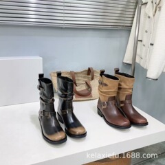 高定2025秋冬新品真皮圆头擦色复古粗跟皮带扣中筒马丁靴骑士靴女