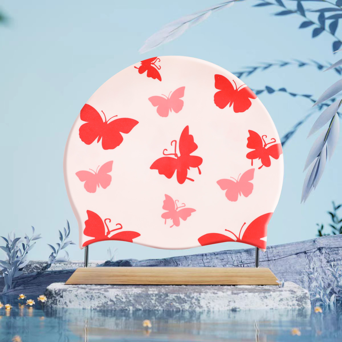 Gorro de baño estampado de silicona para hombres y mujeres adultos y niños patrón de flor universal protección auditiva impermeable gorro de baño al por mayor