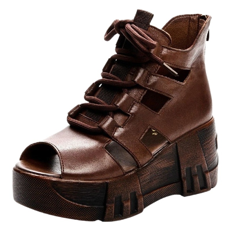 Sandalias de mujer de cuero suave de la plataforma de cuña hueca sandalias de la madre peep toe con cordones de cuero suave estilo étnico sandalias de las mujeres romanas