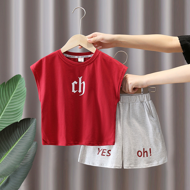 7431 Traje de verano para niños 2025 Nuevo chaleco rojo sin mangas casual para niños Vestido de verano de dos piezas de verano