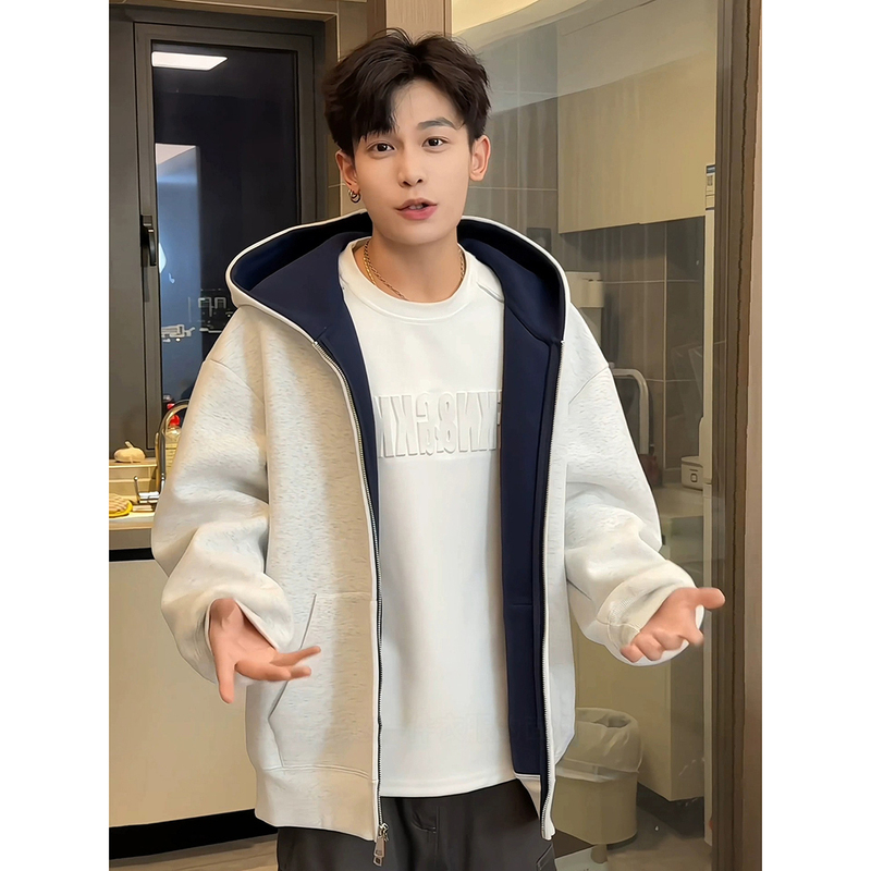 Heavyweight Cardigan Sweatshirt for Men 2025 Autumn New Style Right Shoulder Hoodie American High-End Stiff Jacket Trend