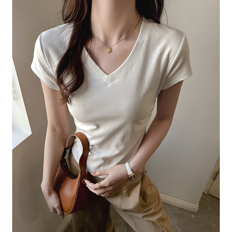 Strictly Selected Women's Short-sleeved Shoulder T-shirt Summer Slim-fit White V-neck Pleated Waist High-end Sense Base Shirt Top Trendy