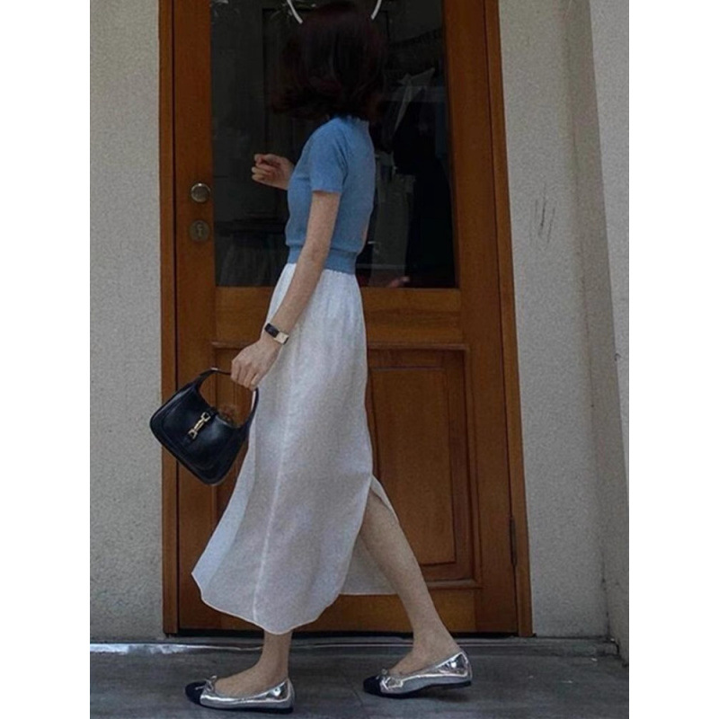 Salt-Style Petite Outfit Set: High-End Thin Knit Short-Sleeve T-Shirt and Skirt Set for Women in Summer