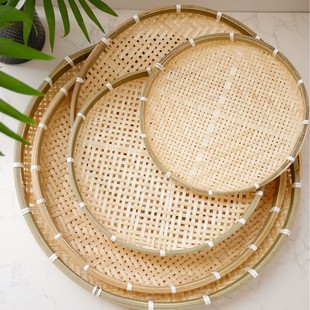 Bamboo Woven Hole Sieve Round Dustpan Hand-woven Rice Sieve Household Coarse Holes and Fine Holes Drying Decorative Bamboo Products Bamboo Plaque