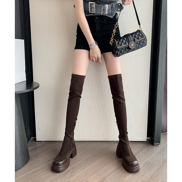 Big long legs ~ apricot bai over-the-knee boots high heel stitching Knight long boots thick heel thick bottom personality stretch thin