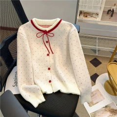 自分用におすすめ〜レッド水玉ショートセータージャケットレディース2025春デザインニットカーディガントップ
