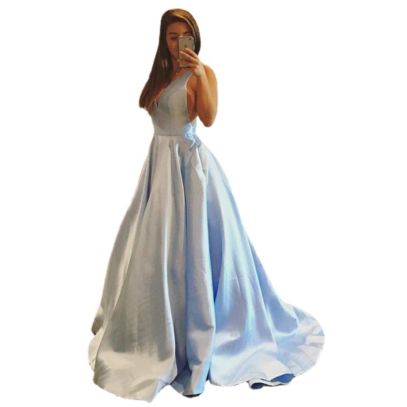 Comercio exterior europeo y americano Amazon AliExpress deseo nuevo cuello en V satén vestido largo sexy vestido sin espalda A-Line