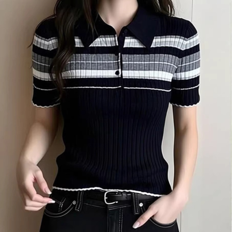 College Style Striped Lapel Short-Sleeved Knit Shirt for Women 2026 Summer New Top with Contrasting Color Polo Collar, Elegant and Slimming