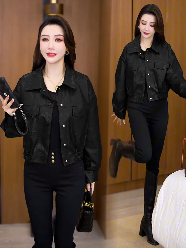 时尚复古短款皮衣外套女2025秋季新款洋气百搭皮夹克显瘦休闲上衣|undefined