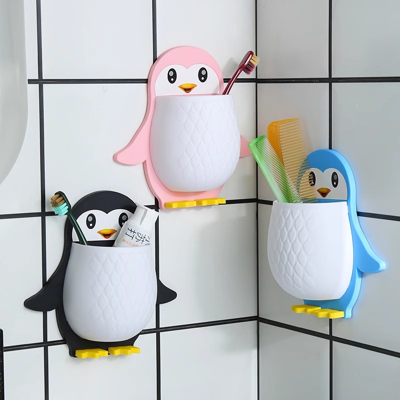 Cartoon Penguin Storage Rack Makeup Tool Organizer Dormitory Bathroom Toothbrush Storage Bedside Mobile Phone Wall-Mounted