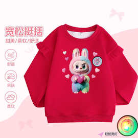 过年衣服红色喜庆女童飞袖卫衣亮灯春秋卡通插肩圆领飞袖卫衣加绒