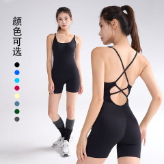 细带美背瑜伽服连体衣无缝蜜桃提臀健身短裤速干运动套装连体裤