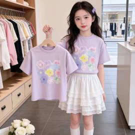儿童短袖T恤2026新款衣服童装彩色小花印花女孩好看夏季圆领上衣