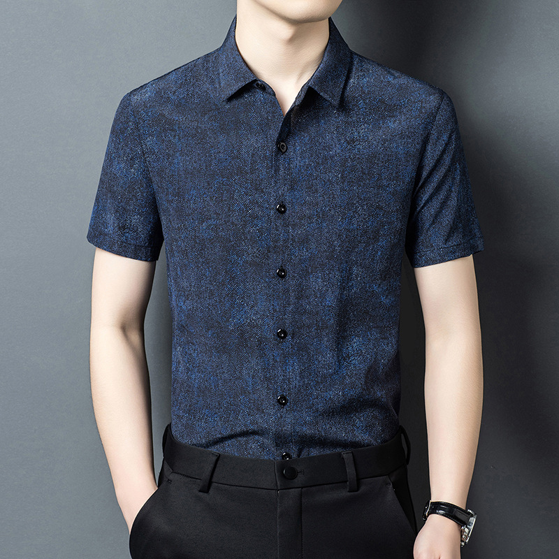Áo sơ mi nam tay ngắn lụa tơ tằm mùa hè phong cách vintage — Xanh da trời8883
