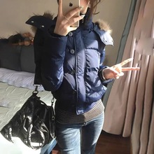 【原版做工】藏青色连帽毛领短款棉衣棉袄女新款保暖加厚棉服外套