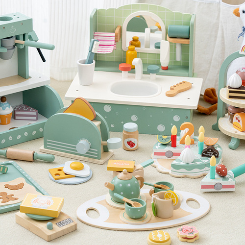 Cross-border simulation children's play house afternoon tea dessert cakes for sale teapots cups tea sets sets wooden toys