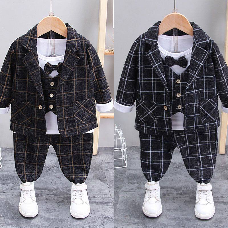 Cross-Border Boys' Suit Set, Stylish Toddler Baby Autumn Outfit, Three-Piece Set for Weddings and Performances, Spring and Autumn Wear, First Birthday Gift