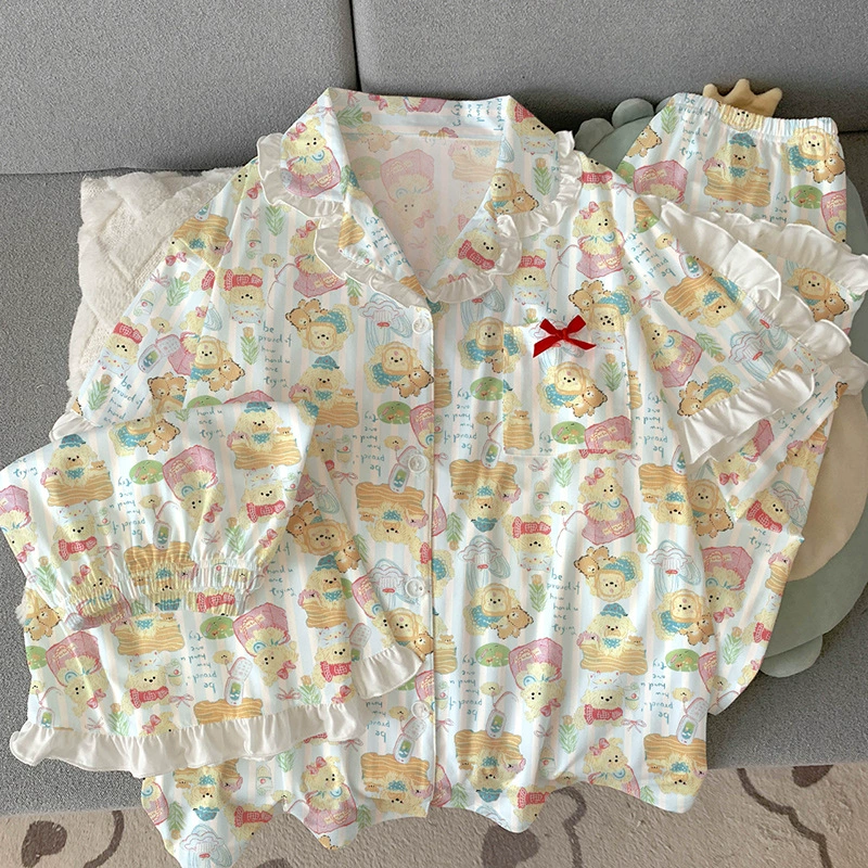 Японская милая хлопковая пижама, комплект, с коротким рукавом, 3 предмета