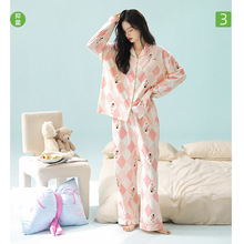 【抗菌新疆棉】春季新款睡衣女士纯棉长袖拉架棉菱形格家居服套装