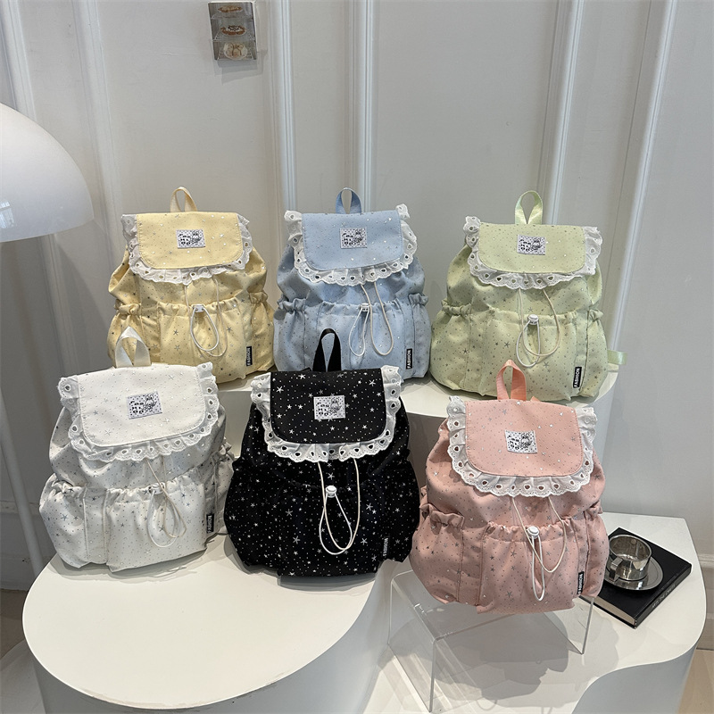 Casual lace-trimmed girls' handbag for middle and high school students, 2026 summer new fashion star-patterned backpack