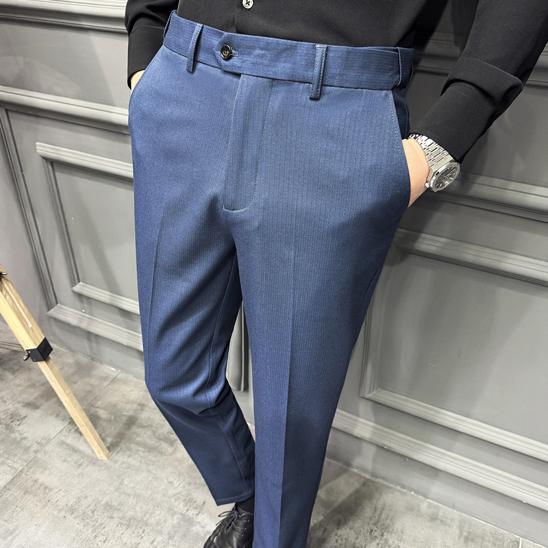 2025 New Autum Men's Business Formal Casual Pinstripes Trousers Slim Fit High-End Elastic Waist Pants