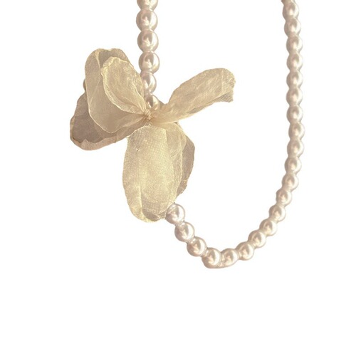 Spring is not late ~ Atmosphere French retro pearl chiffon flower necklace High-end design fairy-like clavicle chain