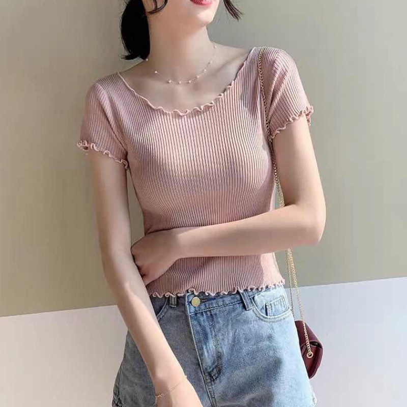 2021夏季短款上衣针织衫修身卷边木耳边短袖t恤女针织打底上衣女