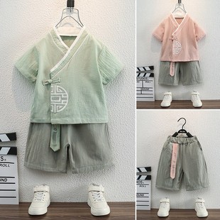 Boys Summer Chinese Style Tang Suit Han Dynasty Short-Sleeved Suit Cotton 3-4-2 Years Old Baby Costume Kidsren's Two-Piece Set