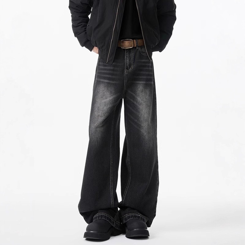 Men's Cleanfit American High Street Whiskered Washed Vintage Stylish Loose Straight Scimitar Wide-Leg Jeans