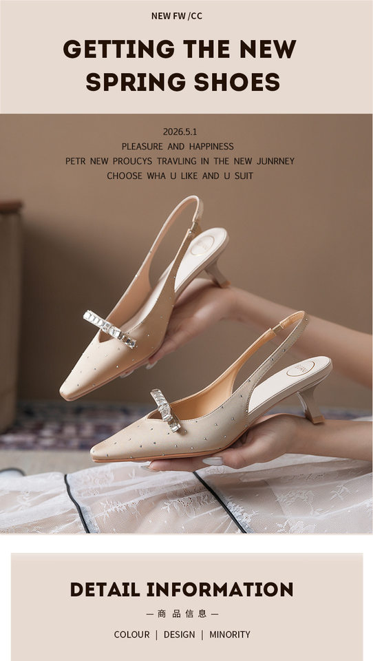 Sandal nữ bít mũi hở gót chất liệu satin đính đá, gót vuông thấp 3–6 cm — Màu be, Màu hồng nhạt, màu đen chi tiết 2