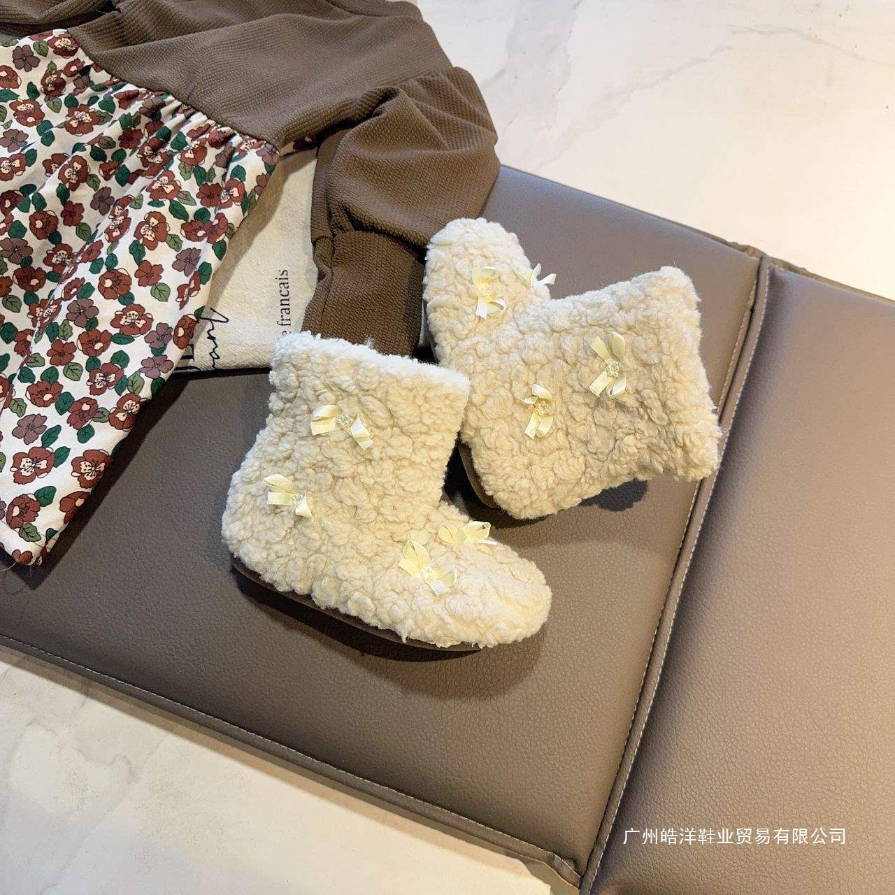 Children's Snow Boots, Winter Girls' Bow Furry Shoes, Fleece-Lined Short Boots, Girls' Cotton Shoes, Warm Baby Shoes, Cotton Boots